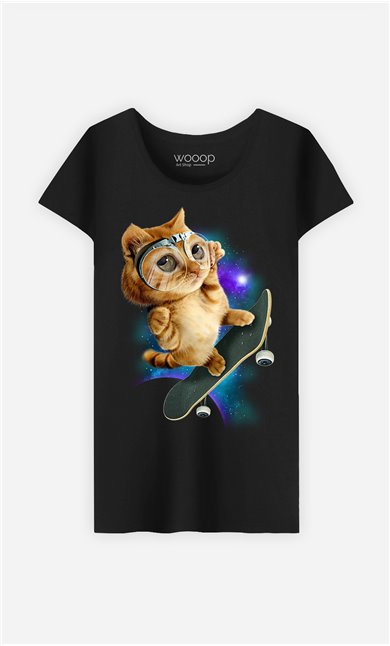 T-Shirt Noir Femme Skateboard cat