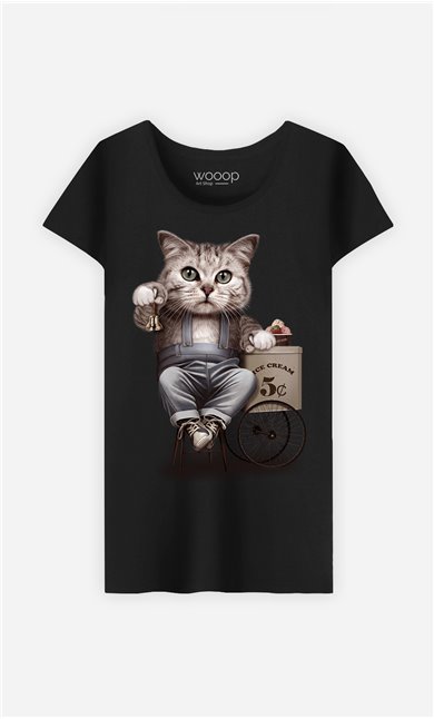 T-Shirt Noir Femme Cat selling ice cream