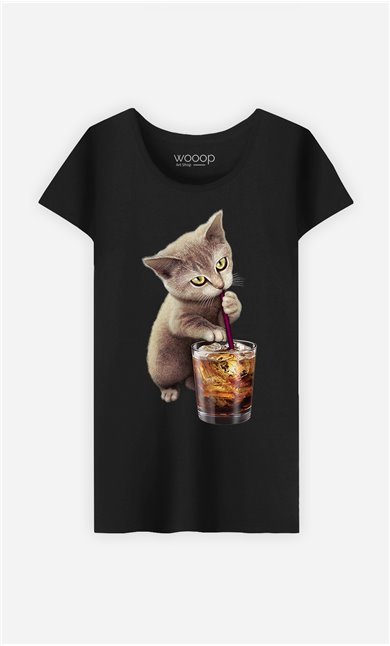 T-Shirt Noir Femme Cat loves soft drink