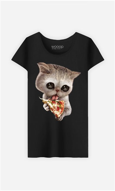 T-Shirt Noir Femme Cat loves pizza