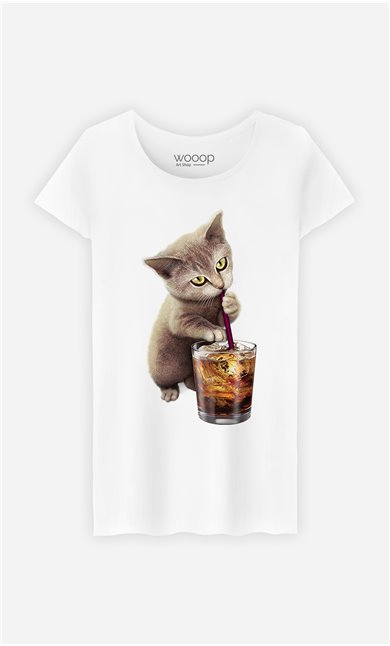 T-Shirt Blanc Femme Cat loves soft drink