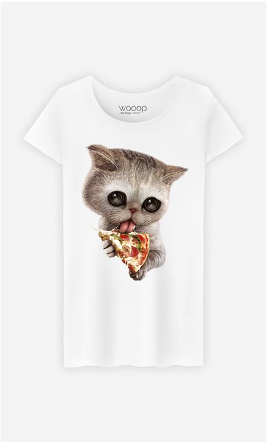 T-Shirt Blanc Femme Cat loves pizza