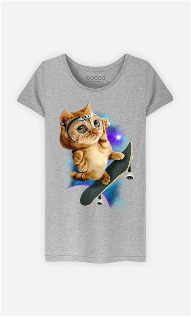 T-Shirt Gris Femme Skateboard cat