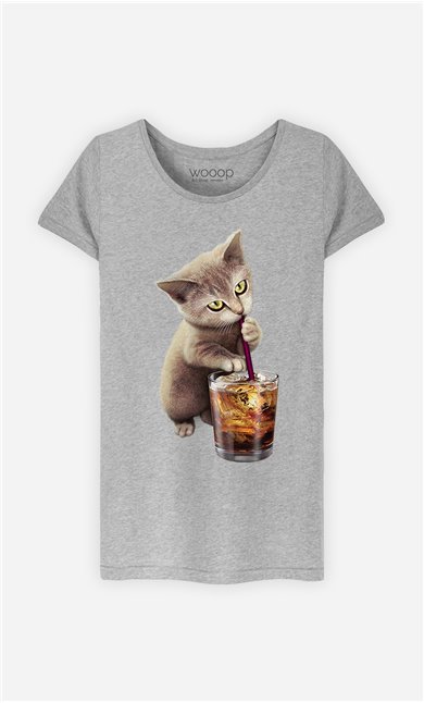 T-Shirt Gris Femme Cat loves soft drink