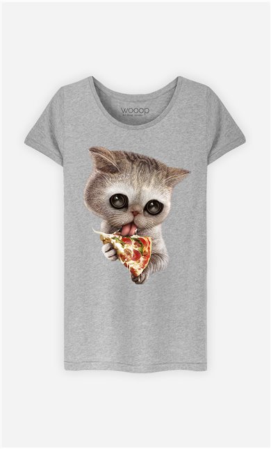 T-Shirt Gris Femme Cat loves pizza