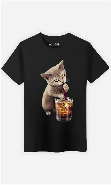 T-Shirt Noir Homme Cat loves soft drink