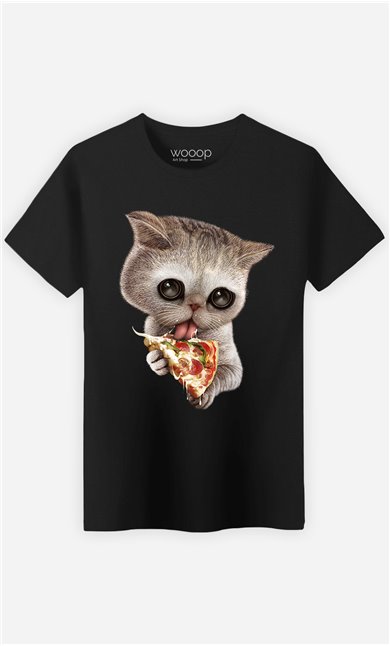 T-Shirt Noir Homme Cat loves pizza