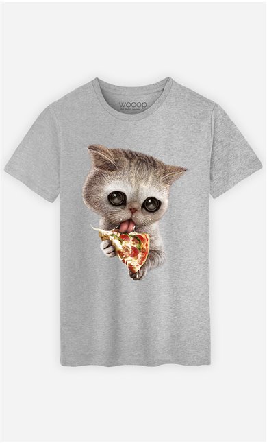 T-Shirt Gris Homme Cat loves pizza