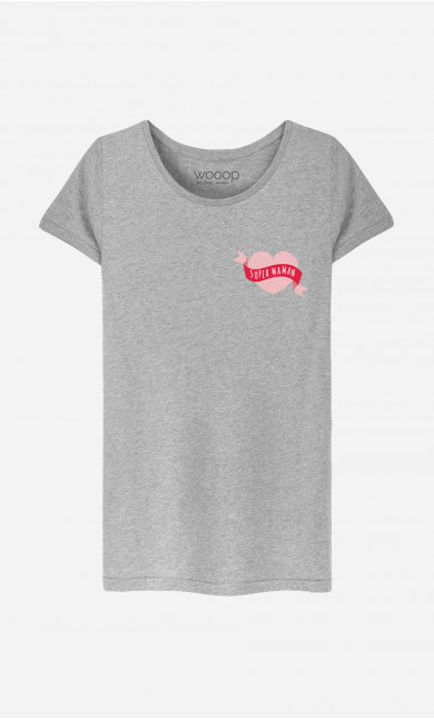 T-shirt Femme Super Maman Cœur Ruban Rose